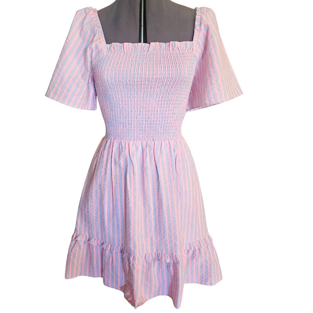 Draper James Pinstripe Fit & Flare Dress Puff Sleeve Ruffle Hem Blue & Pink Knee